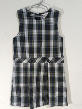 Girls Plaid School Jumper Dress in Navy & Green